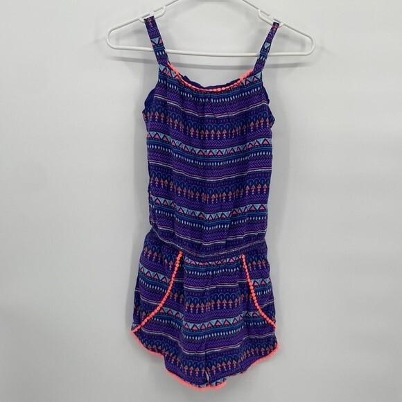 Cherokee Shorts Romper Tank Blue Print Eyelet Trim L 10/12 - Picture 1 of 7
